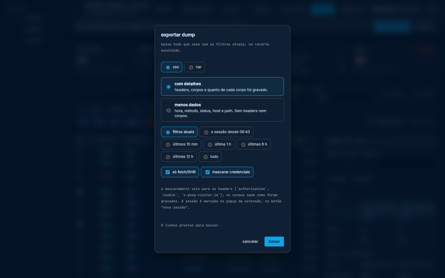 Diálogo exportar dump com CSV selecionado, com detalhes, filtros atuais, só fetch/XHR e mascarar credenciais, 8 linhas prontas.