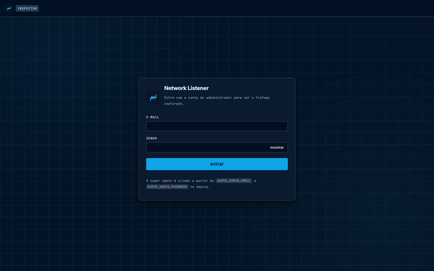 Tela de login do Network Listener com campos de e-mail e senha e botão entrar.