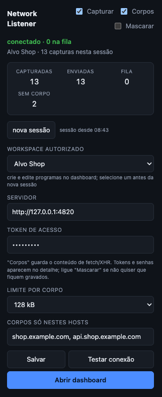 Popup da extensão: Capturar e Corpos ligados, workspace Alvo Shop, 13 capturas, servidor local e botão Abrir dashboard.